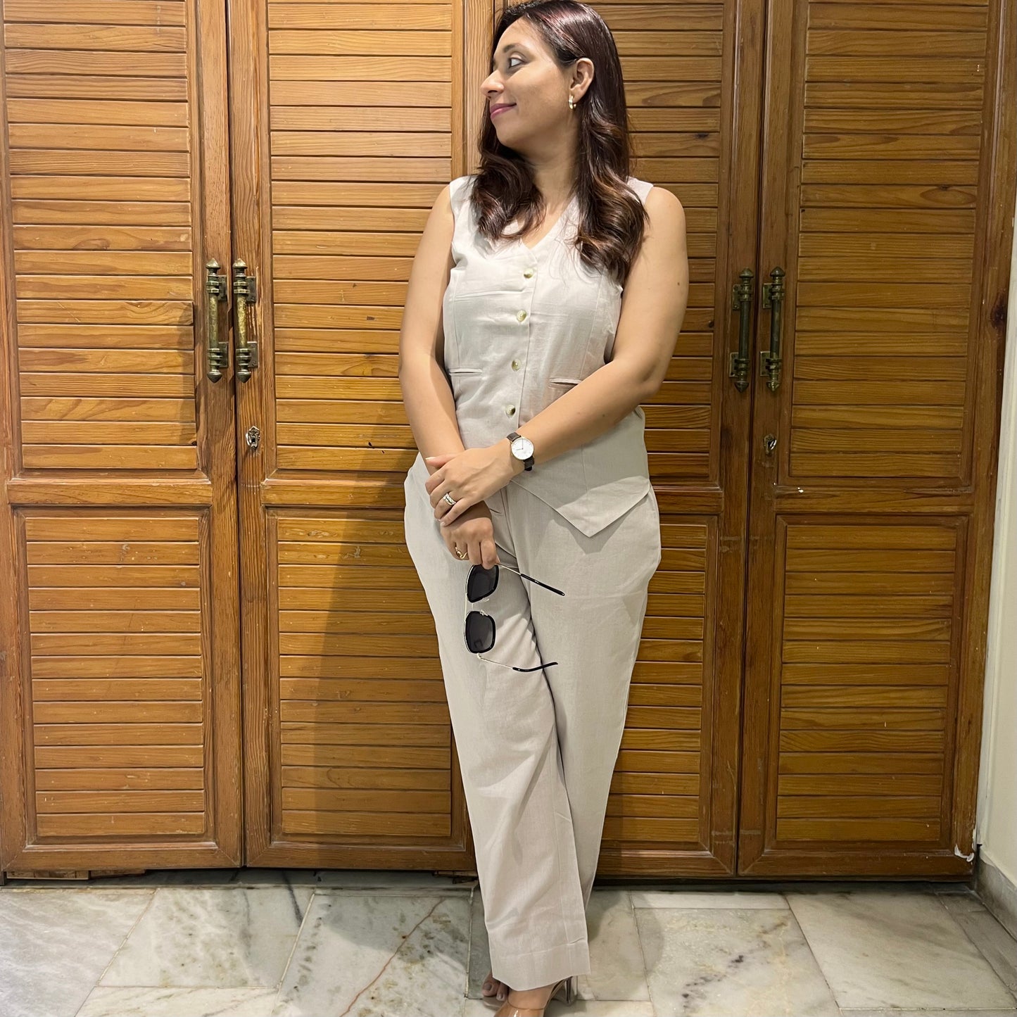 Linen Waistcoat Coord Set - Taupe