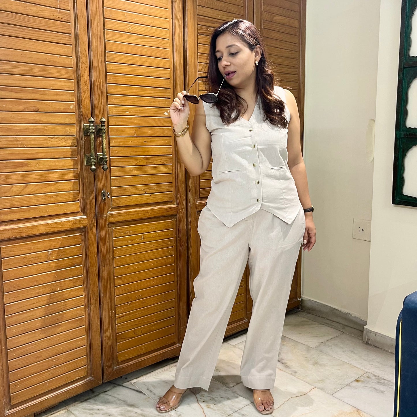 Linen Waistcoat Coord Set - Taupe