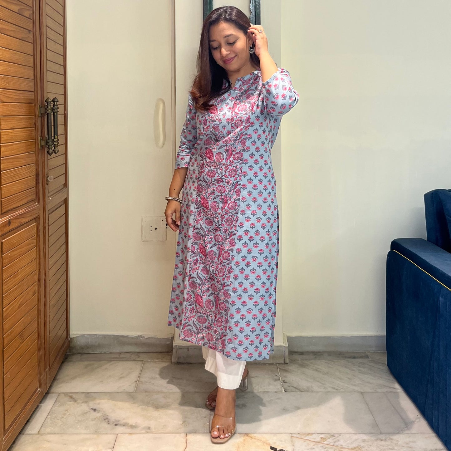Aaina Handblock Printed Kurta_Blue Floral