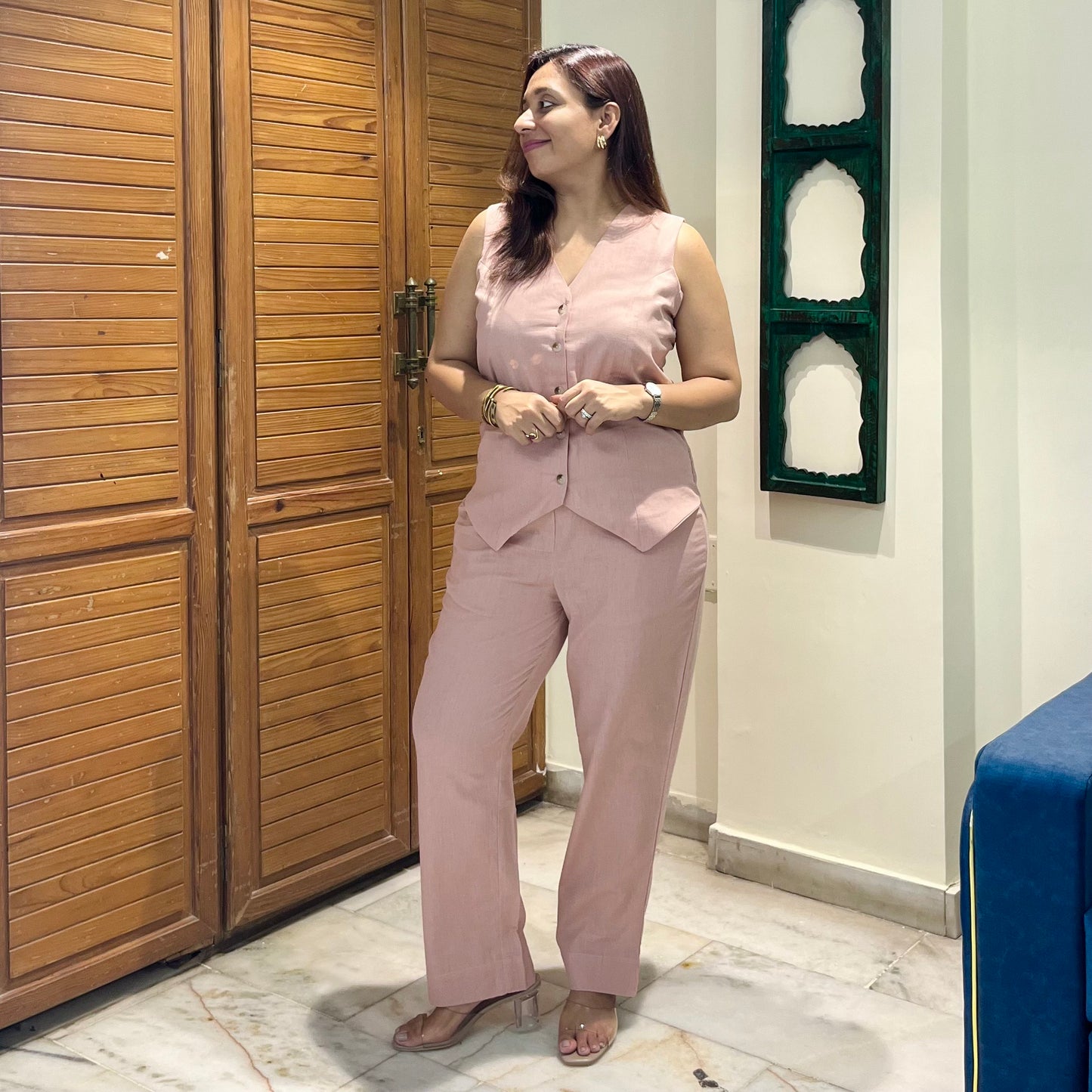 Linen Waistcoat Coord Set - Blush Pink