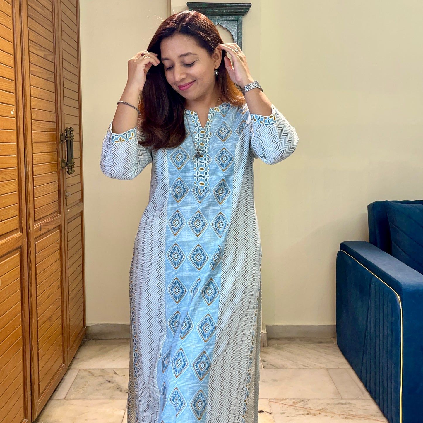 Aaina Handblock Printed Kurta_Geometric