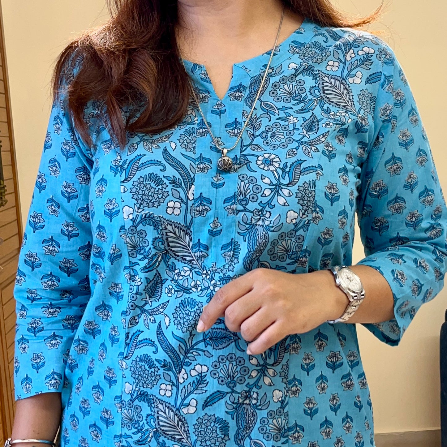 Aaina Handblock Printed Kurta_Firozi