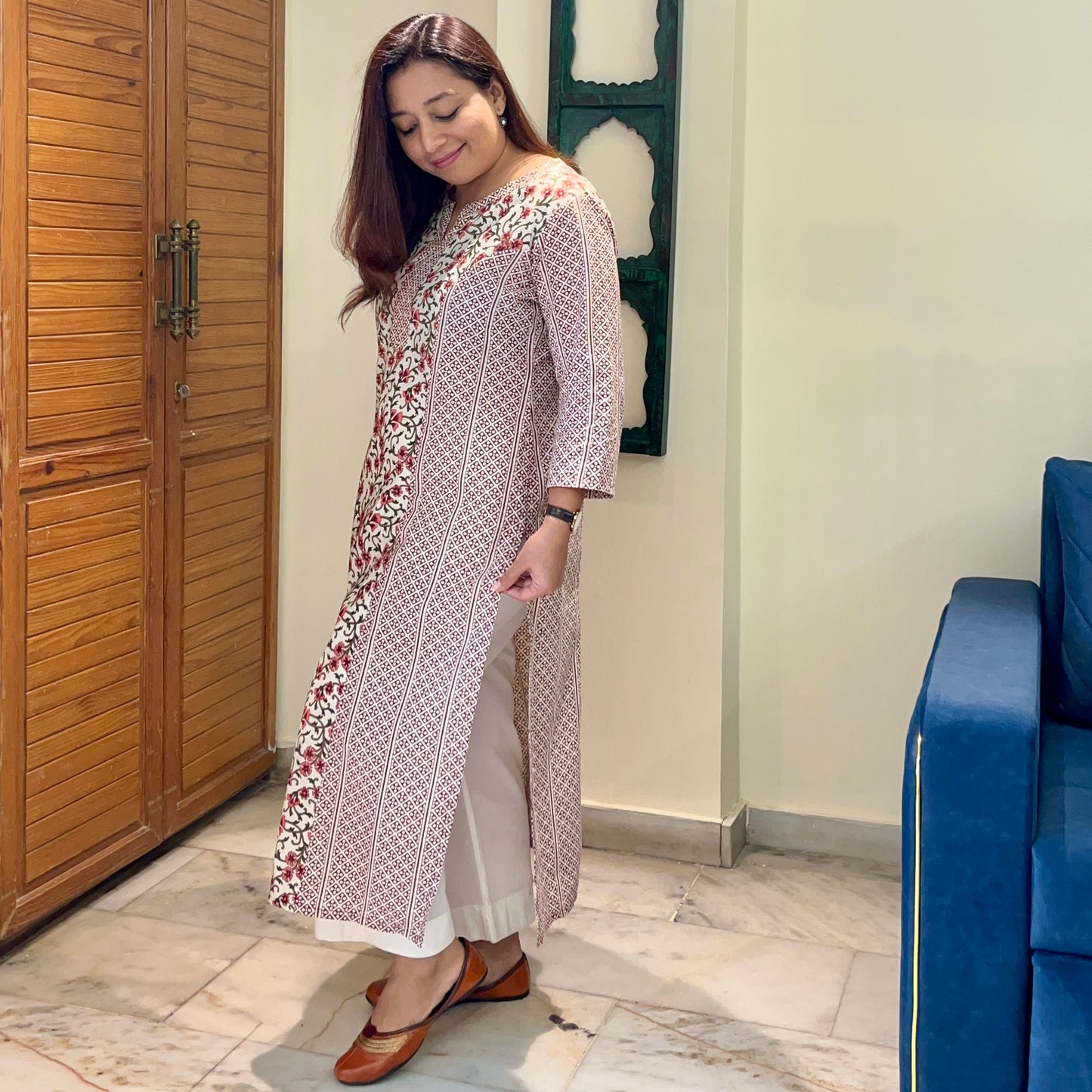Aaina Handblock Printed Kurta_Beige