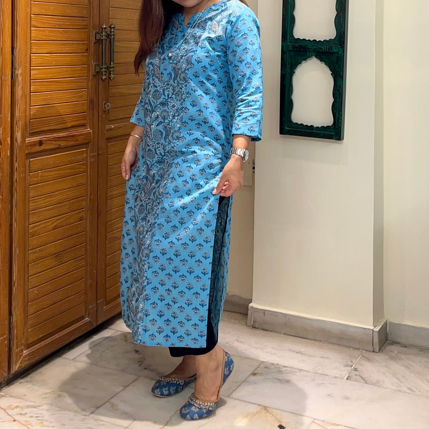 Aaina Handblock Printed Kurta_Firozi