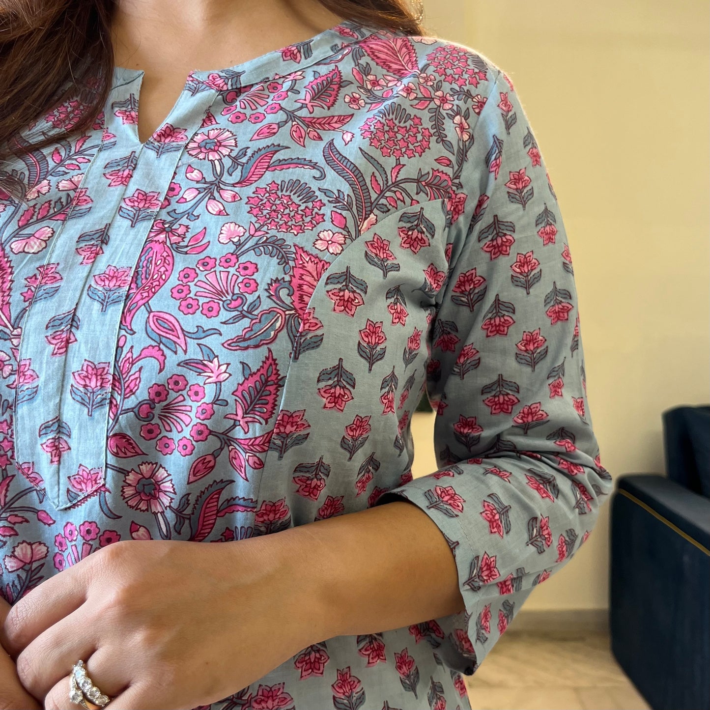 Aaina Handblock Printed Kurta_Blue Floral