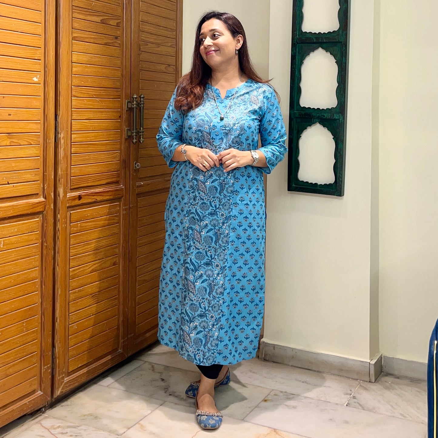 Aaina Handblock Printed Kurta_Firozi