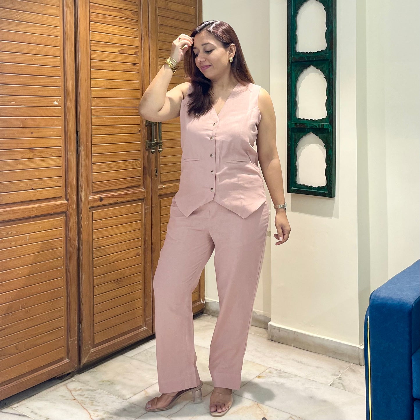 Linen Waistcoat Coord Set - Blush Pink