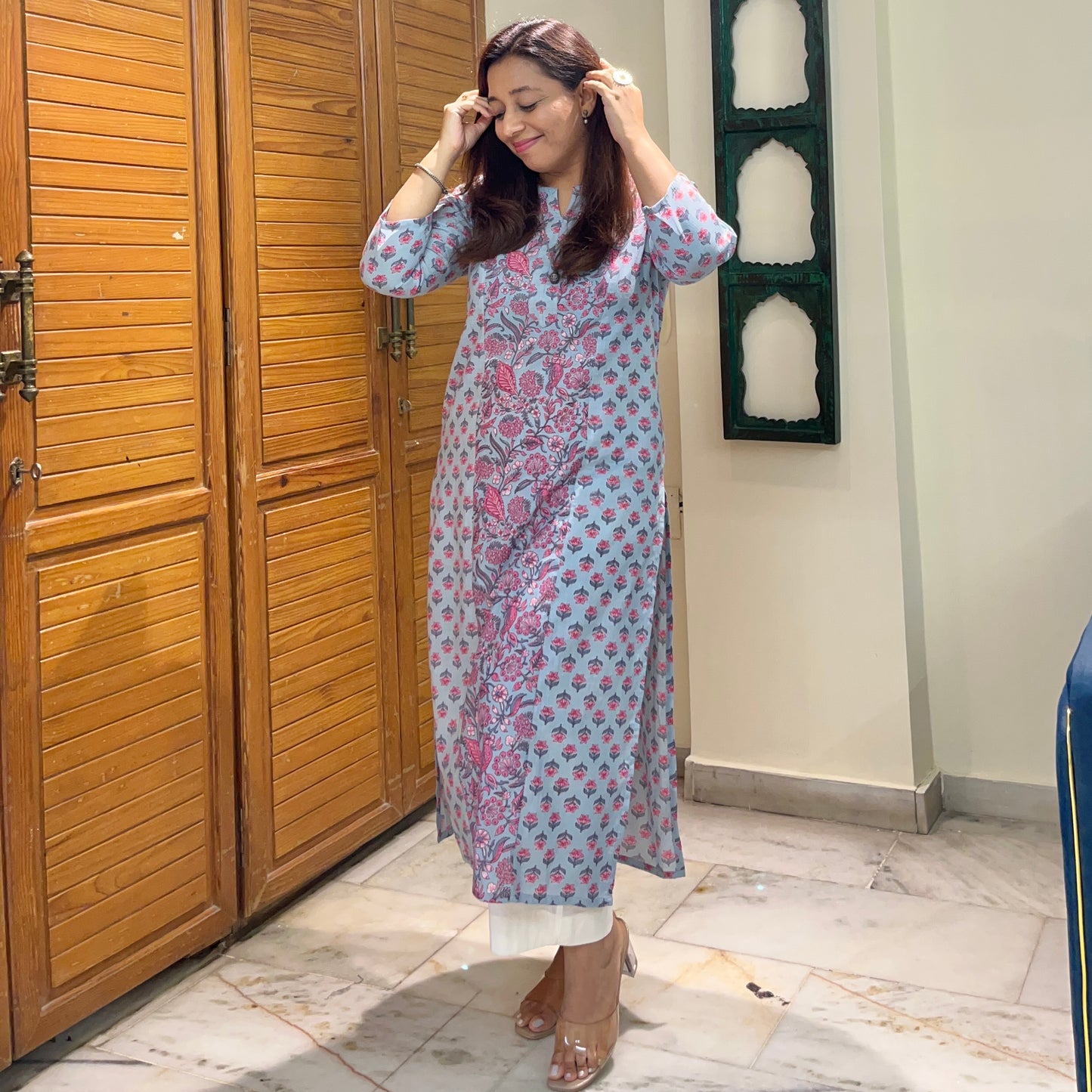 Aaina Handblock Printed Kurta_Blue Floral