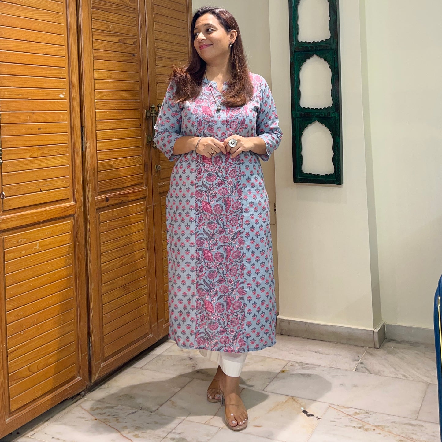 Aaina Handblock Printed Kurta_Blue Floral