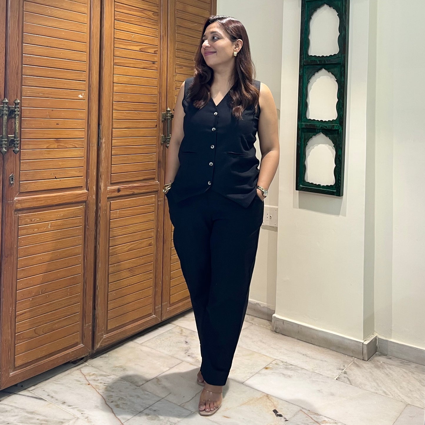 Linen Waistcoat Coord Set - Black