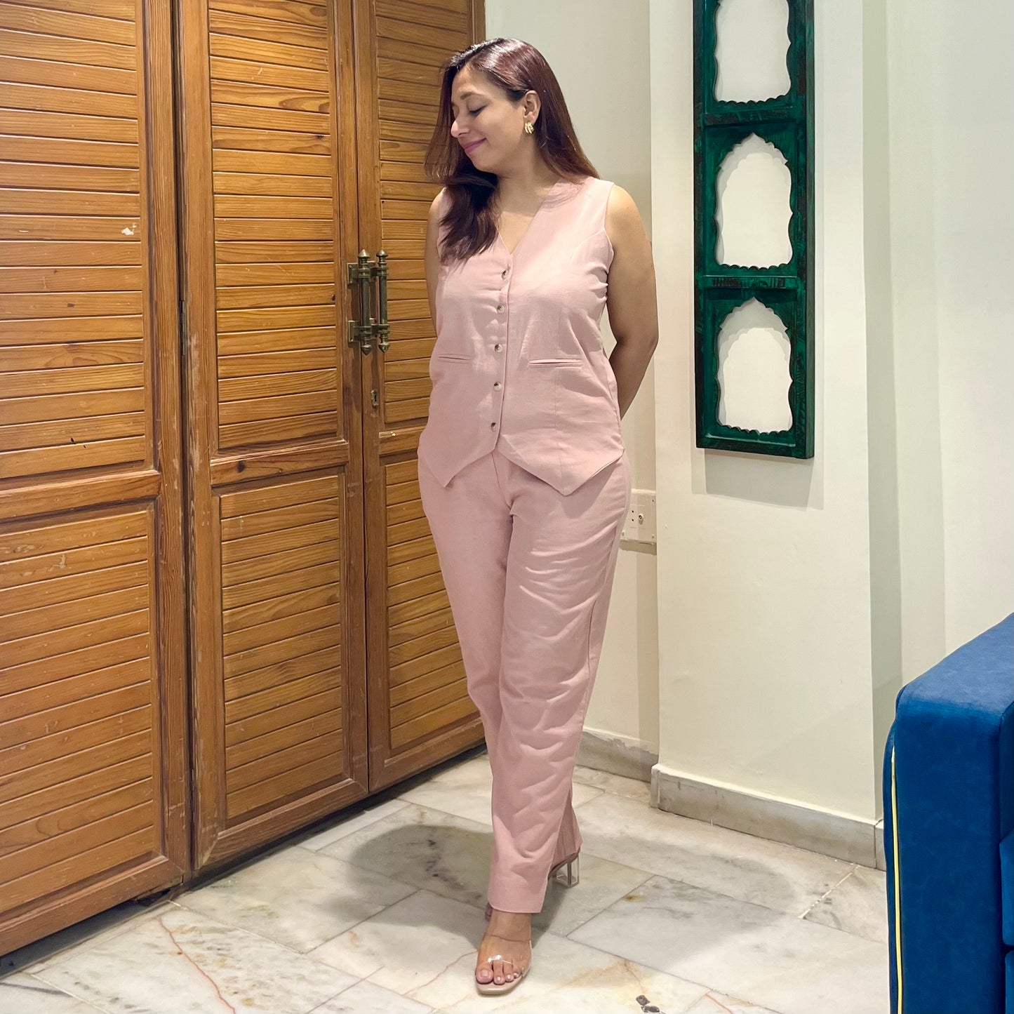 Linen Waistcoat Coord Set - Blush Pink