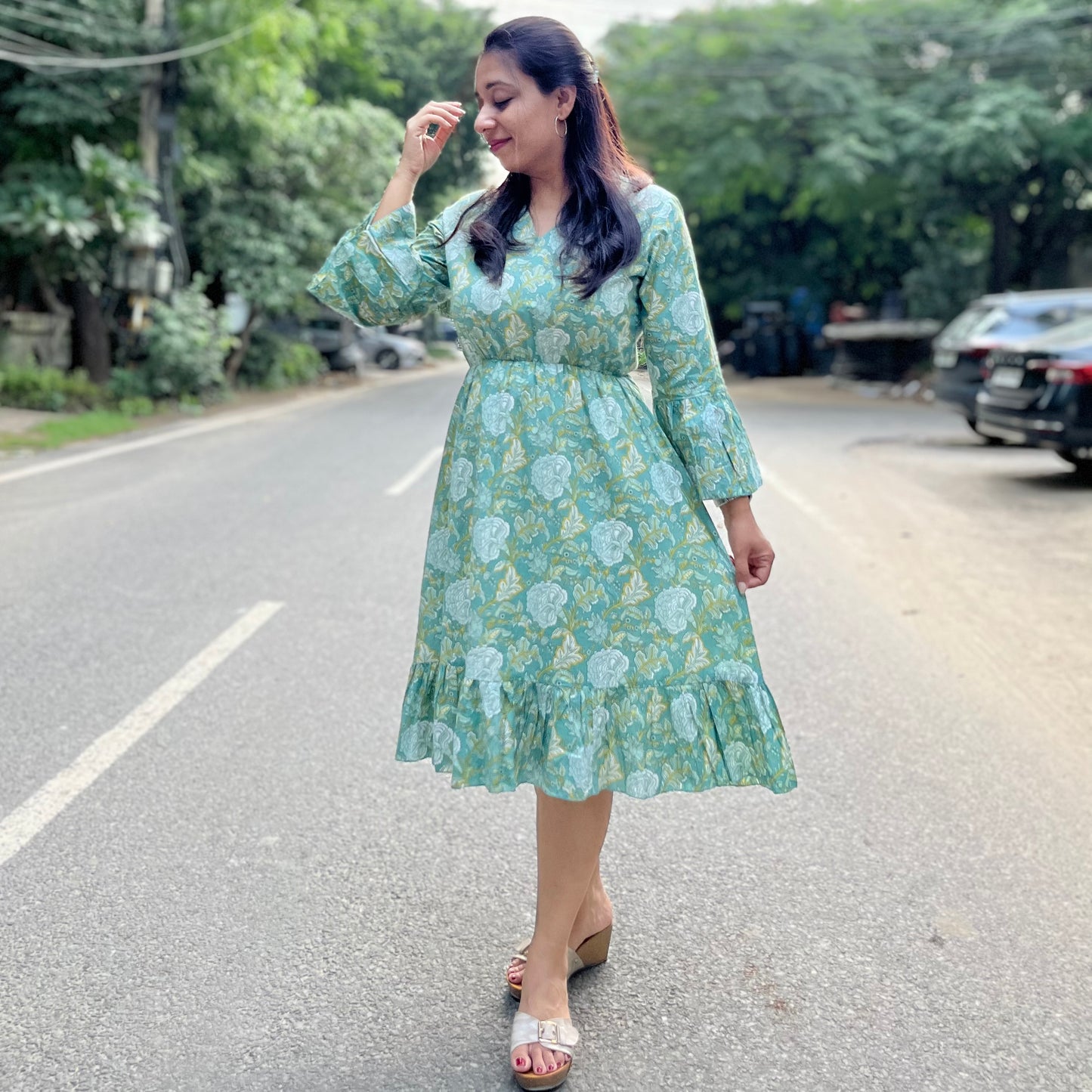 Heer Pure Cotton Dresses - Teal Floral