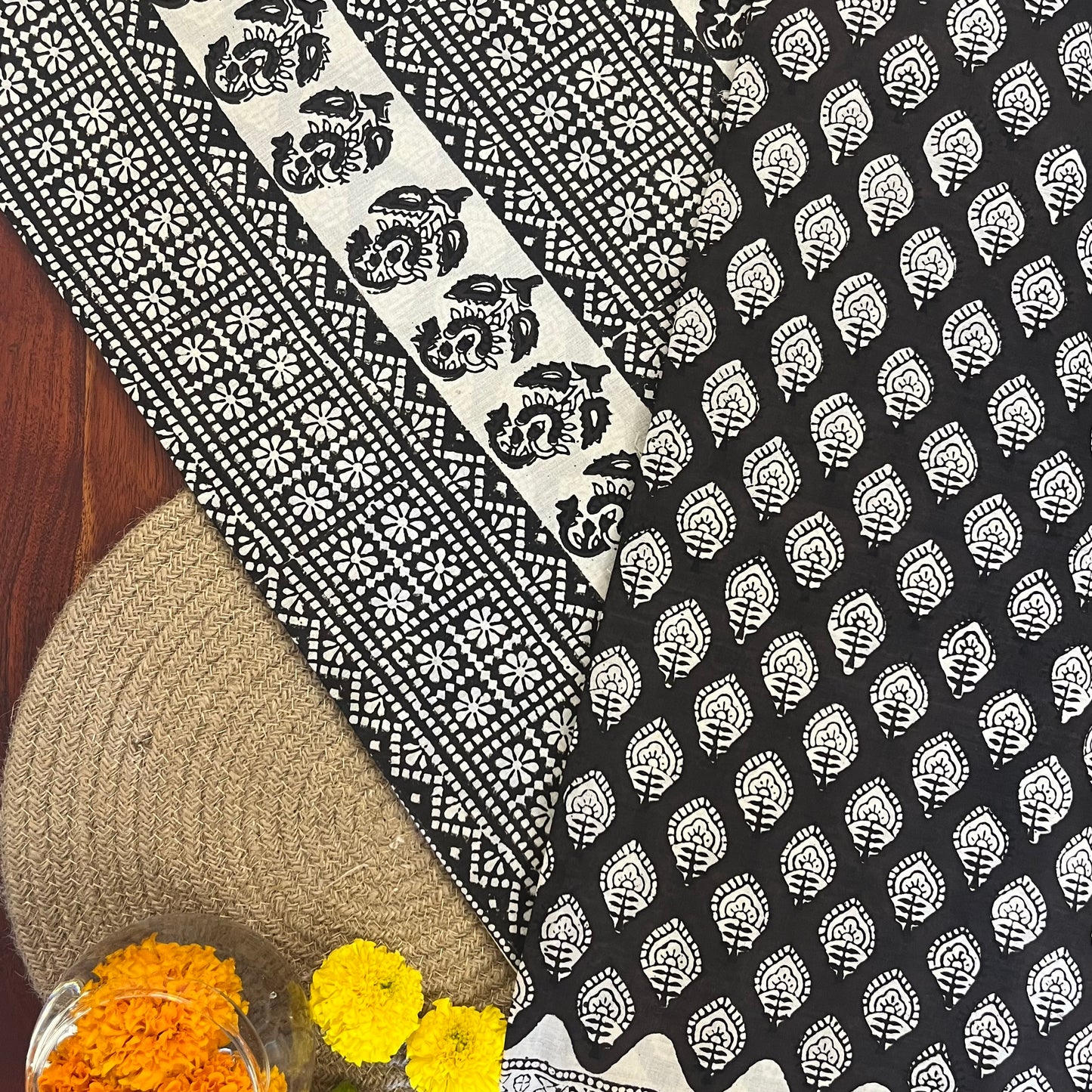 Handblock Printed Mul Cotton Saree - Black