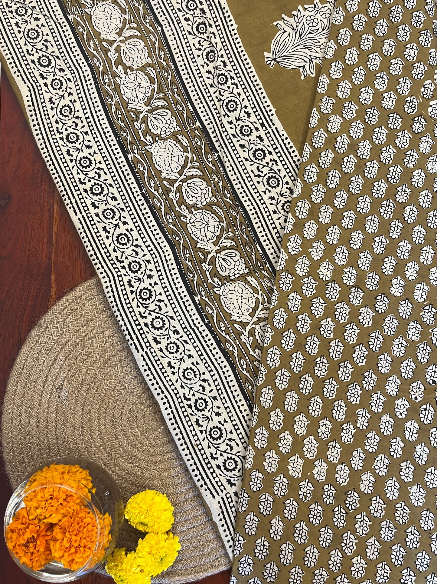 Handblock Printed Mul Cotton Saree - Mustard