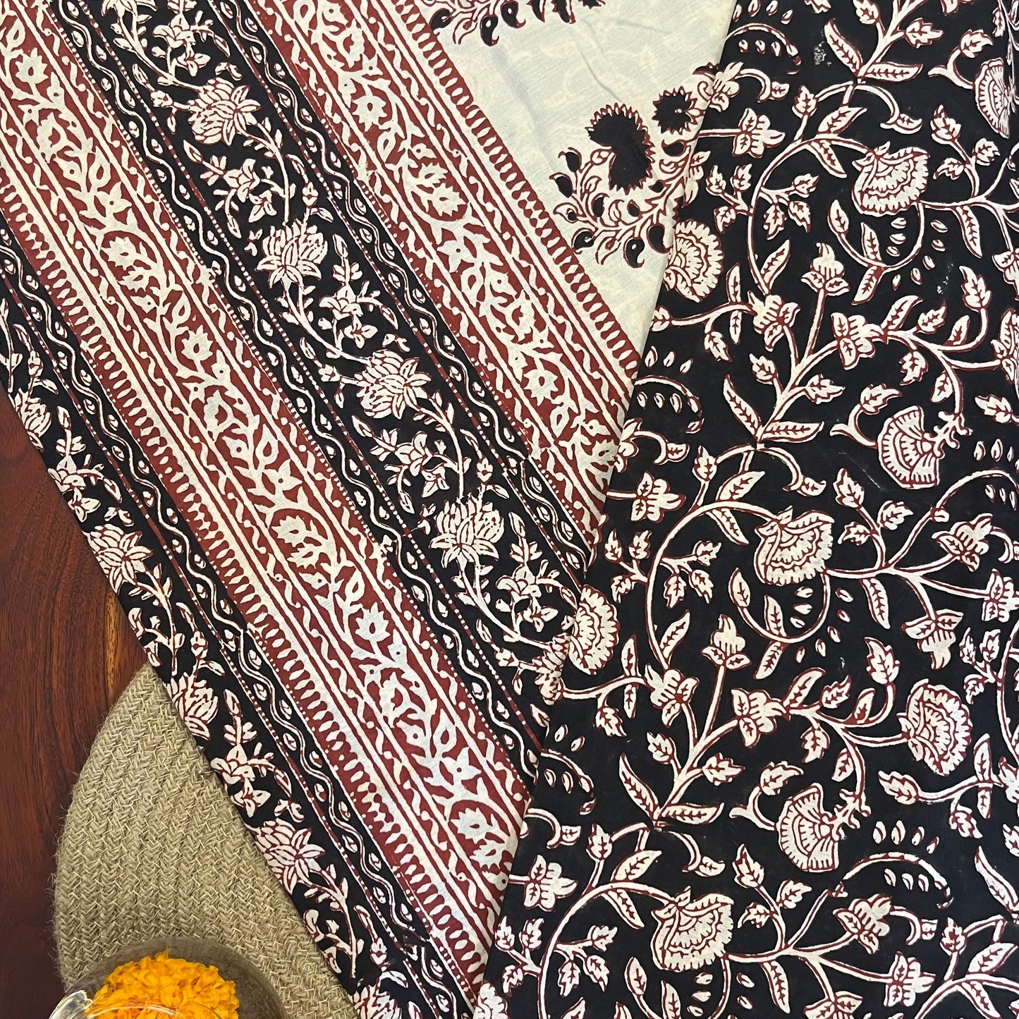 Handblock Printed Mul Cotton Saree - Black & Maroon