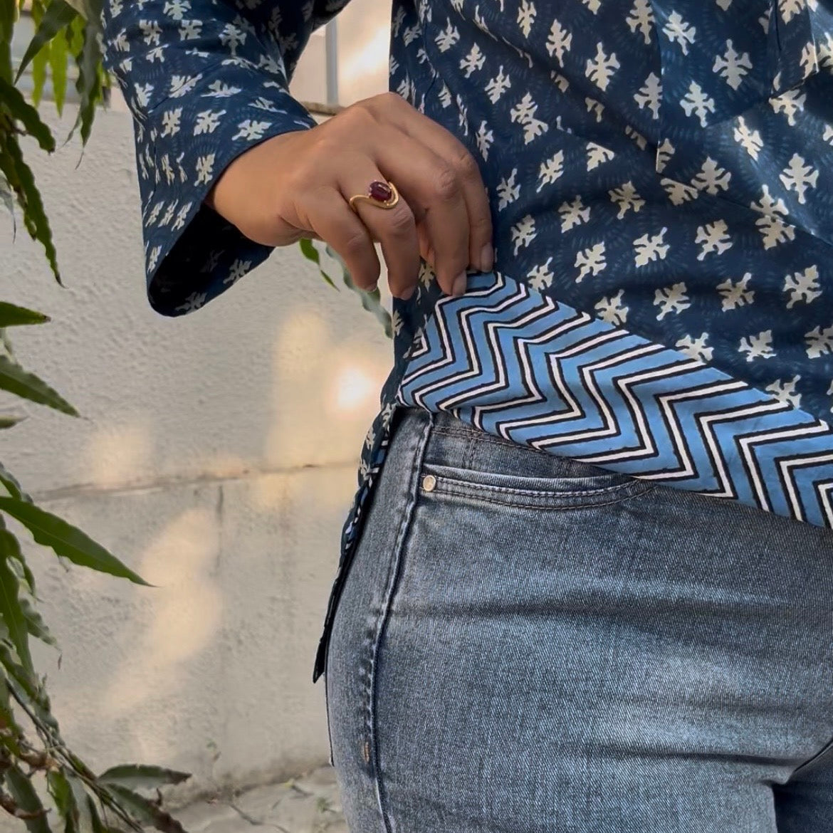 Hand Block Printed Hoodie - Blue