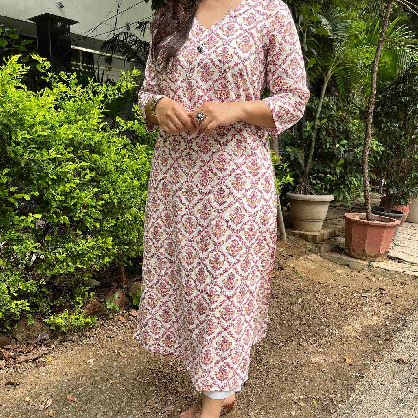 Rozana Everyday Handblock Printed Kurta_Pink & White