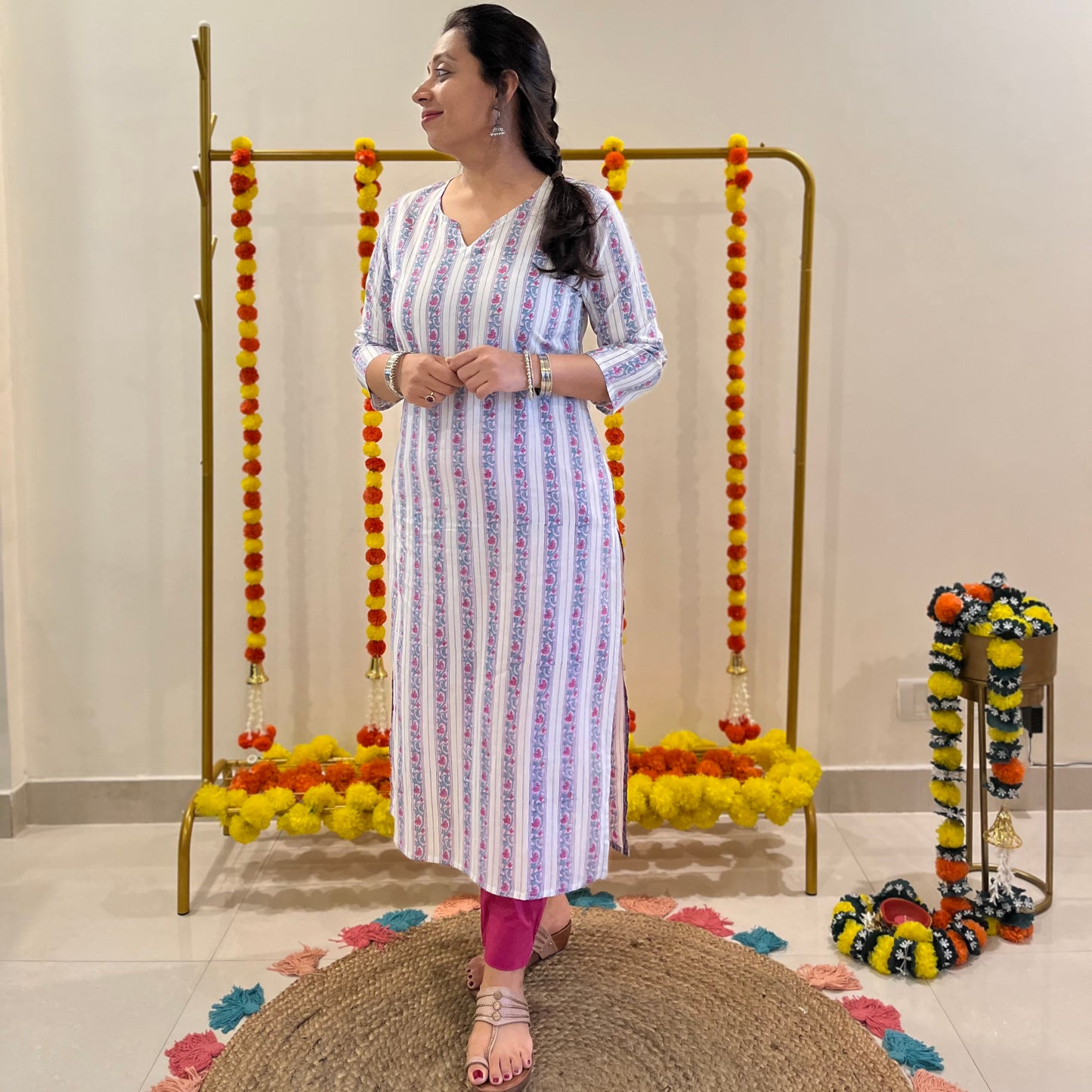 Saadgi Handblock Printed Kurta_Floral Stripes