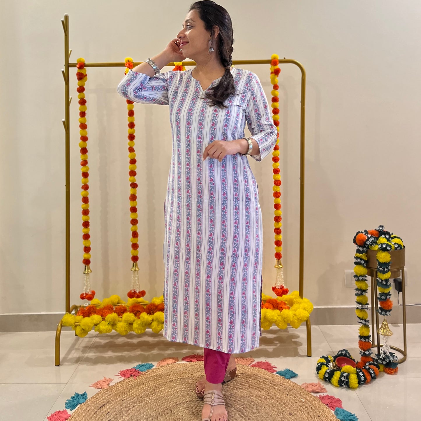 Saadgi Handblock Printed Kurta_Floral Stripes