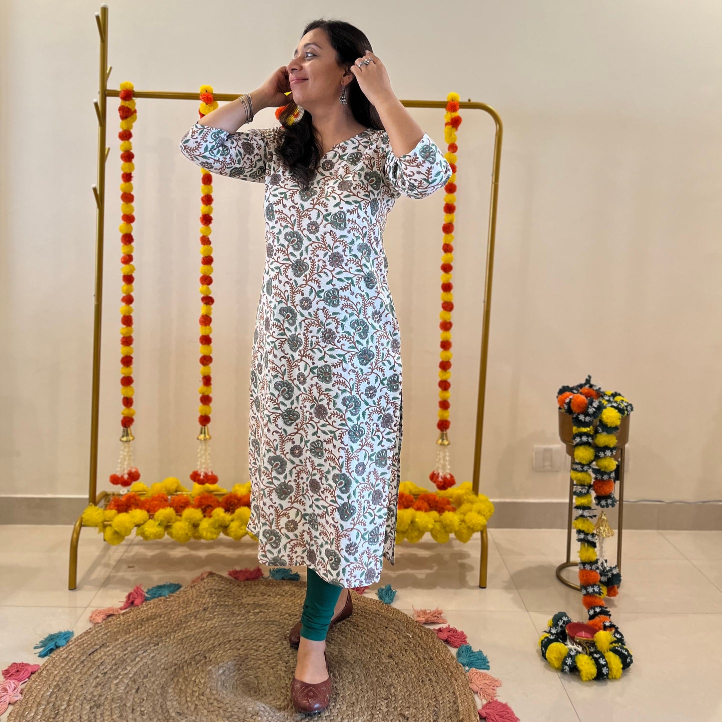 Saadgi Handblock Printed Kurta_Green Floral