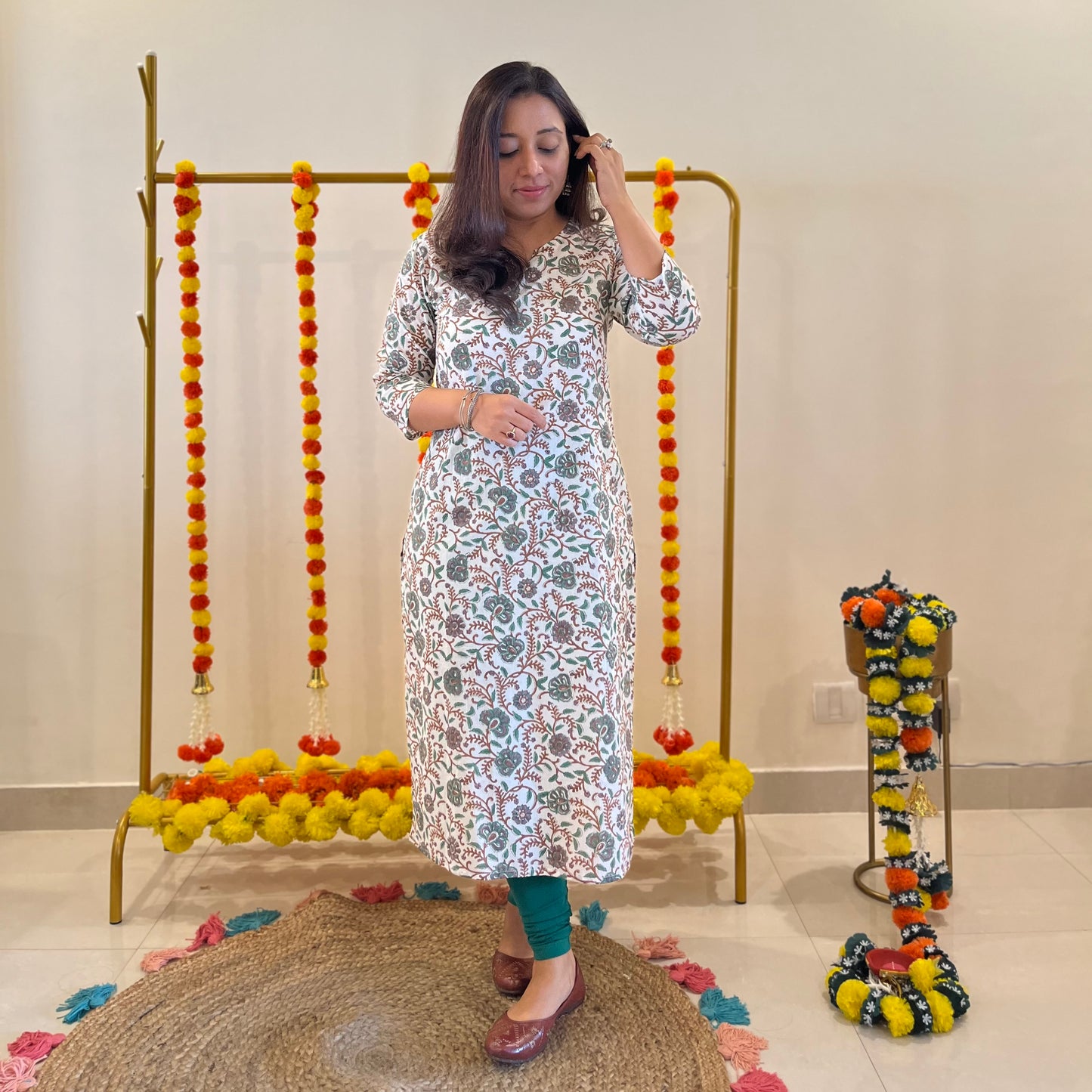 Saadgi Handblock Printed Kurta_Green Floral