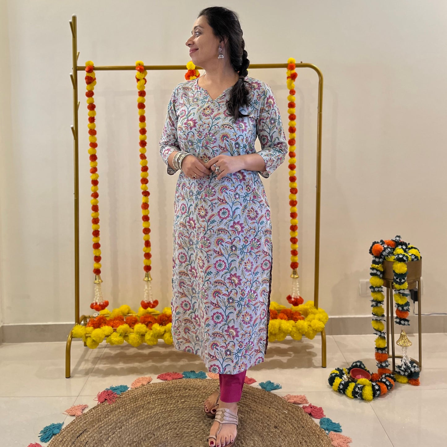 Saadgi Handblock Printed Kurta_Grey Floral