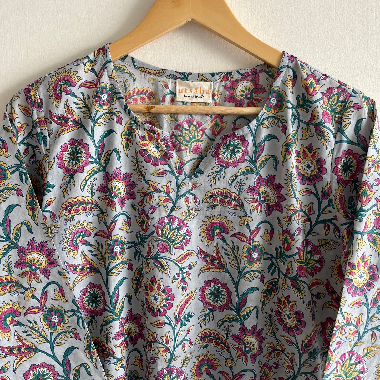 Saadgi Handblock Printed Kurta_Grey Floral