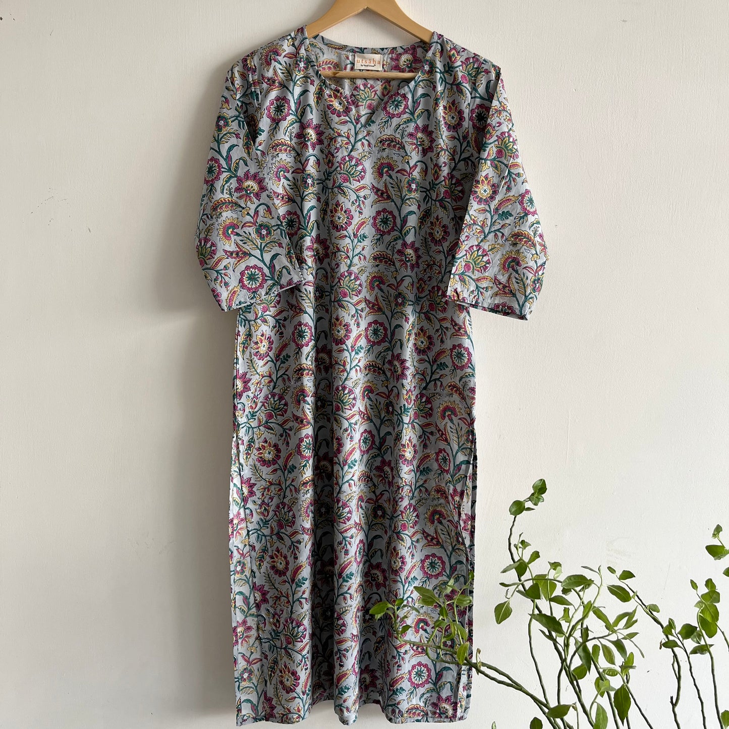 Saadgi Handblock Printed Kurta_Grey Floral