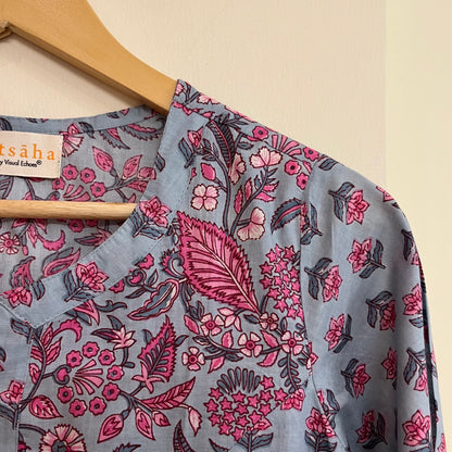 Aaina Handblock Printed Kurta_Blue Floral