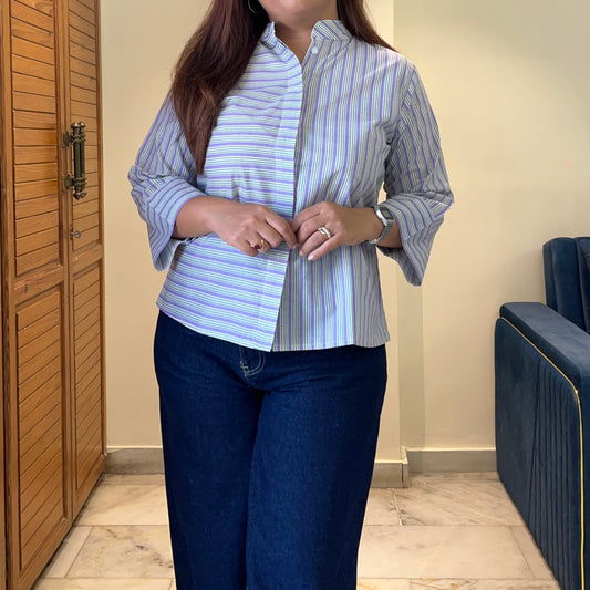 Stripes Handblock Printed Top - Lilac