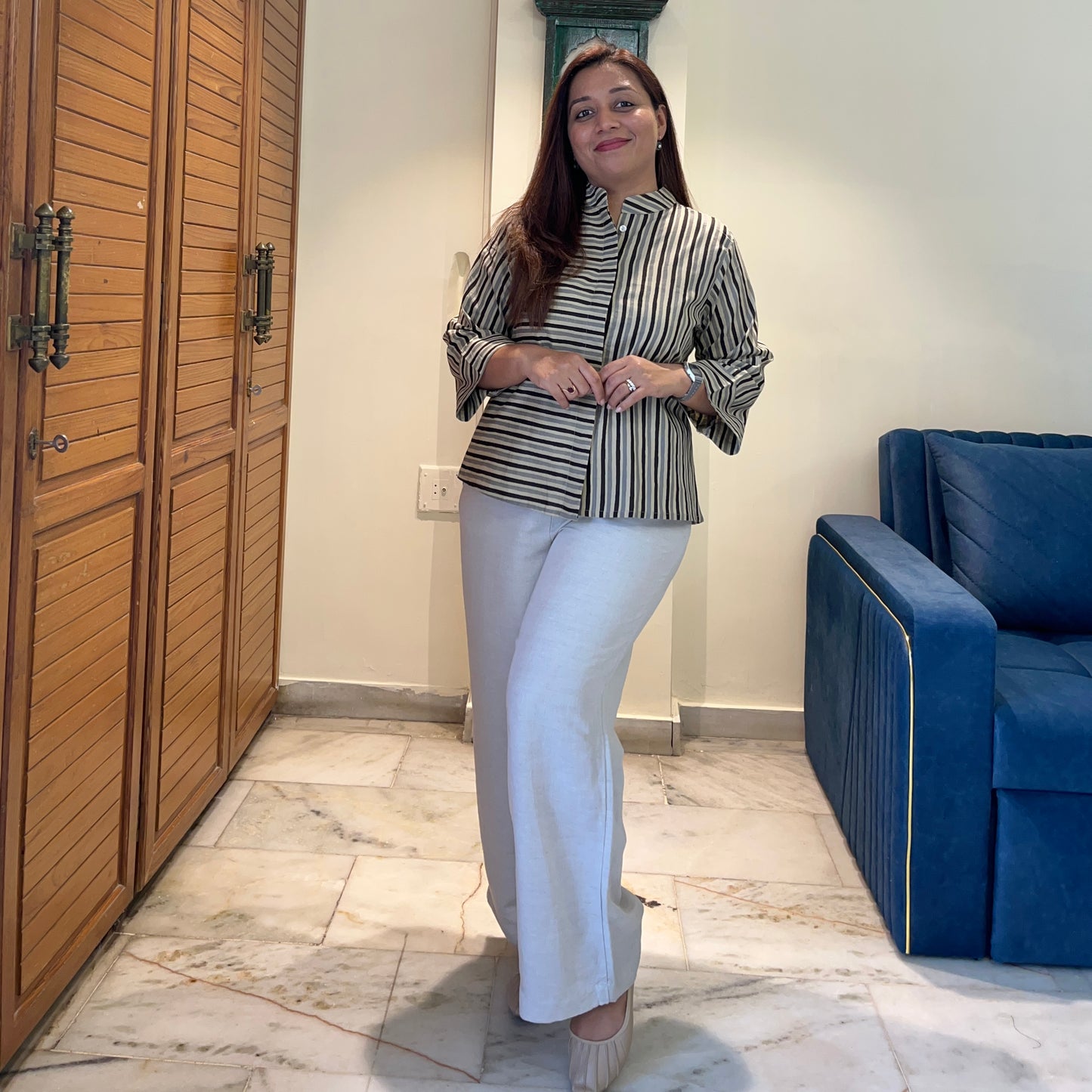 Stripes Handblock Printed Top - Black