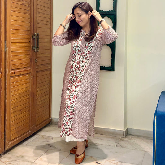 Aaina Handblock Printed Kurta_Beige