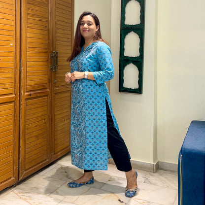 Aaina Handblock Printed Kurta_Firozi