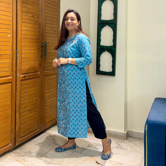 Aaina Handblock Printed Kurta_Firozi