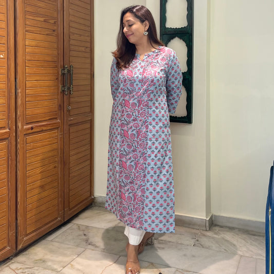Aaina Handblock Printed Kurta_Blue Floral