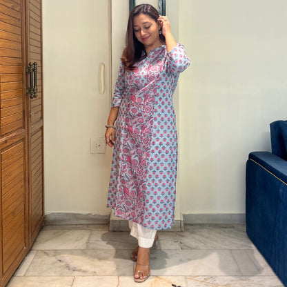 Aaina Handblock Printed Kurta_Blue Floral