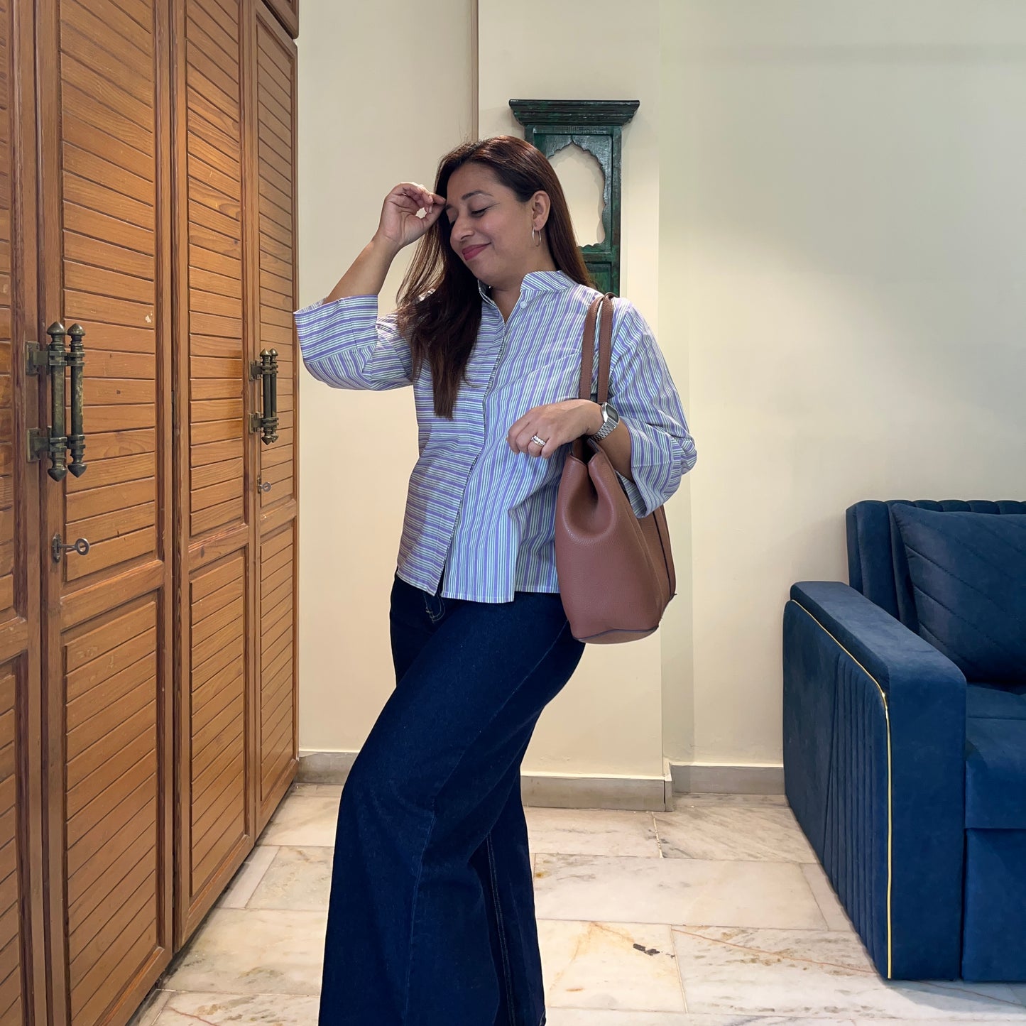 Stripes Handblock Printed Top - Lilac