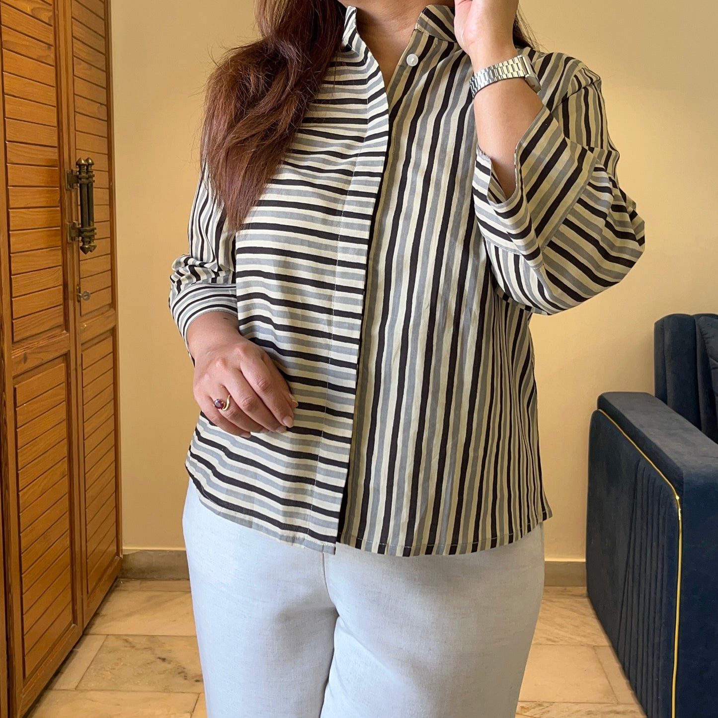 Stripes Handblock Printed Top - Black