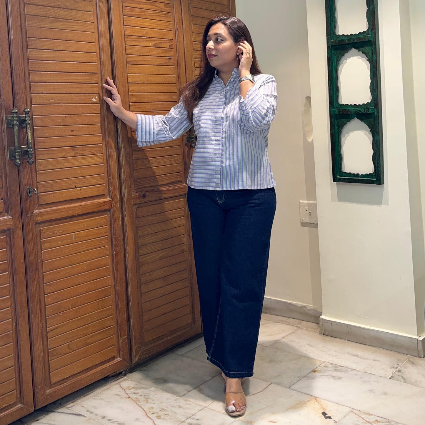 Stripes Handblock Printed Top - Lilac