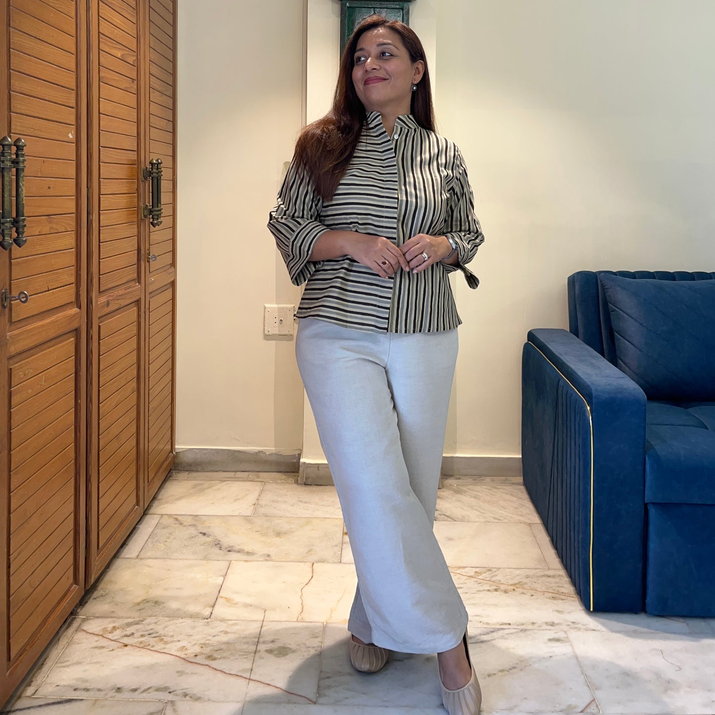 Stripes Handblock Printed Top - Black