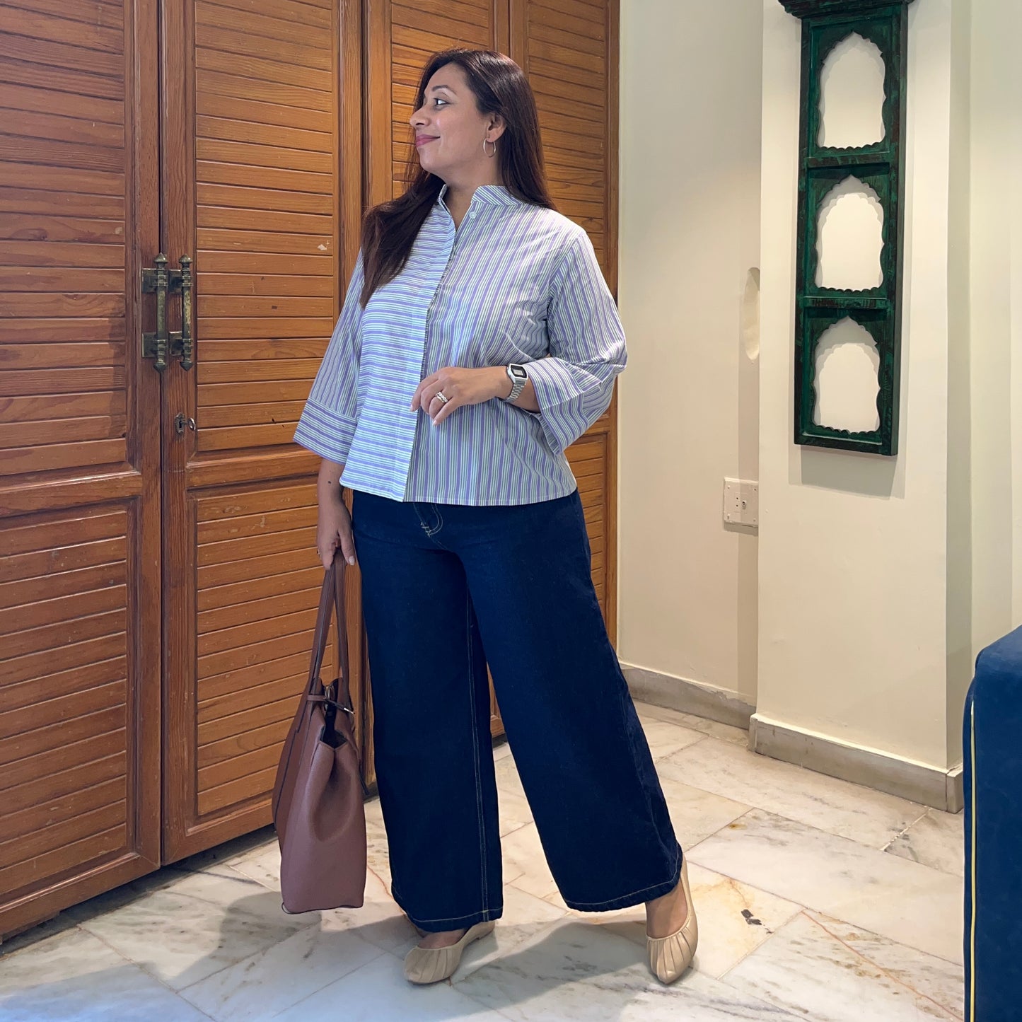 Stripes Handblock Printed Top - Lilac