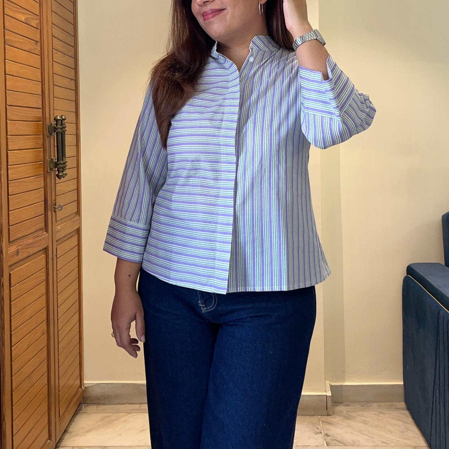 Stripes Handblock Printed Top - Lilac