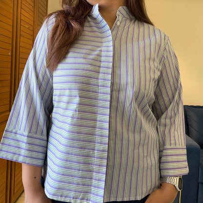 Stripes Handblock Printed Top - Lilac