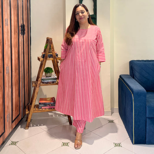 Summer Stripes Kurta Set - Blush