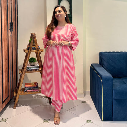 Summer Stripes Kurta Set - Blush