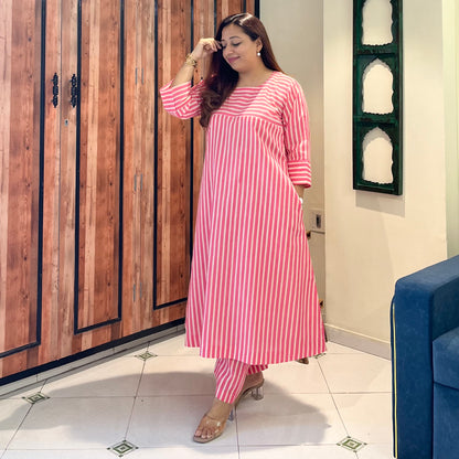 Summer Stripes Kurta Set - Blush