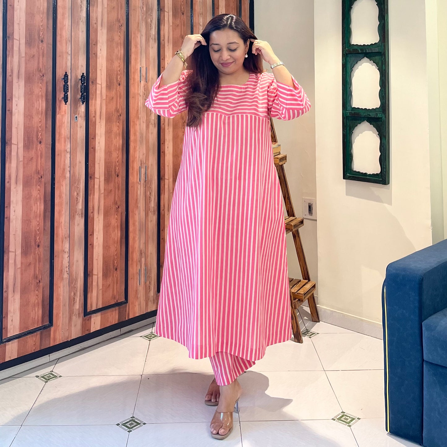 Summer Stripes Kurta Set - Blush