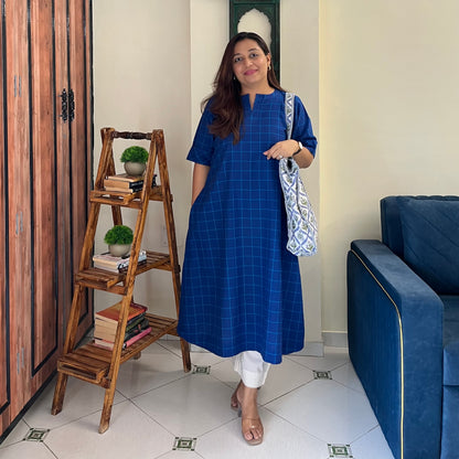 The Check Edit Handloom Kurta - Royal Blue