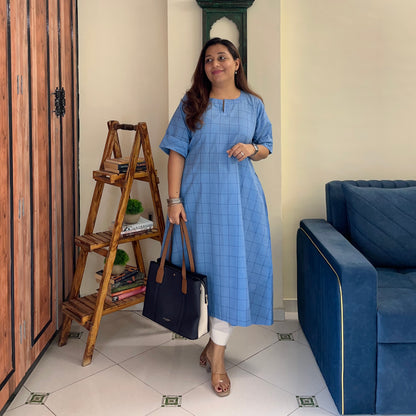 The Check Edit Handloom Kurta - Powder Blue