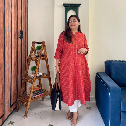 The Check Edit Handloom Kurta - Rust
